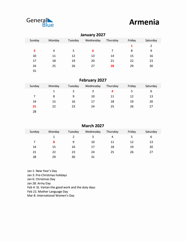 Printable Quarterly Calendar with Notes and Armenia Holidays- Q1 of 2027