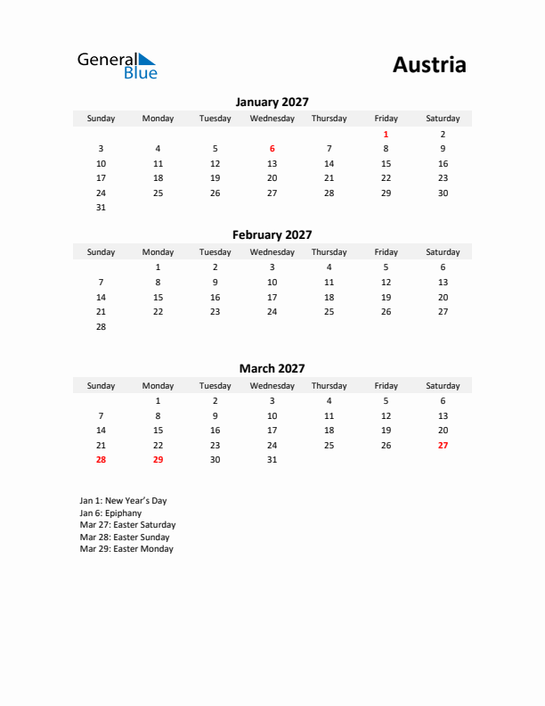 Printable Quarterly Calendar with Notes and Austria Holidays- Q1 of 2027