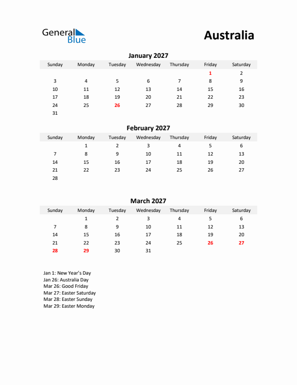 Printable Quarterly Calendar with Notes and Australia Holidays- Q1 of 2027