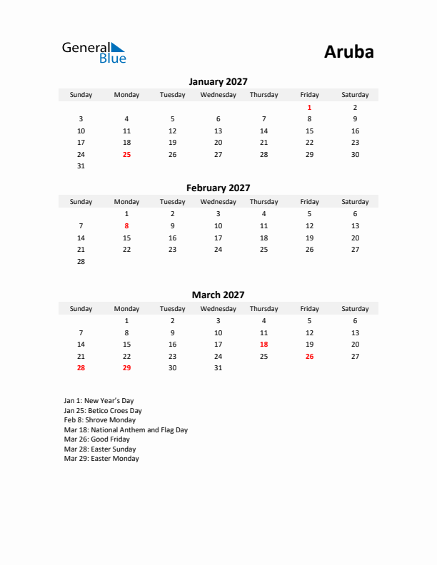 Printable Quarterly Calendar with Notes and Aruba Holidays- Q1 of 2027