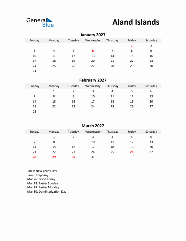 Printable Quarterly Calendar with Notes and Aland Islands Holidays- Q1 of 2027