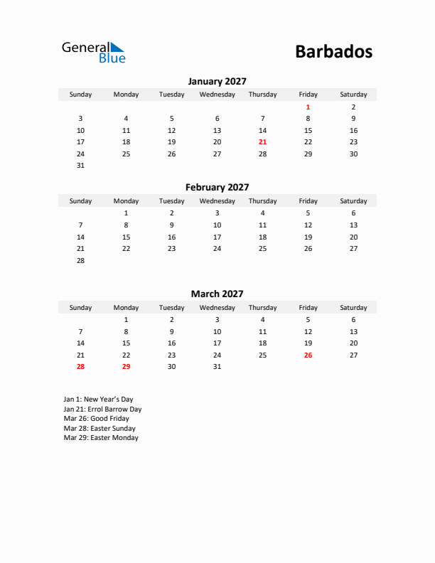 Printable Quarterly Calendar with Notes and Barbados Holidays- Q1 of 2027