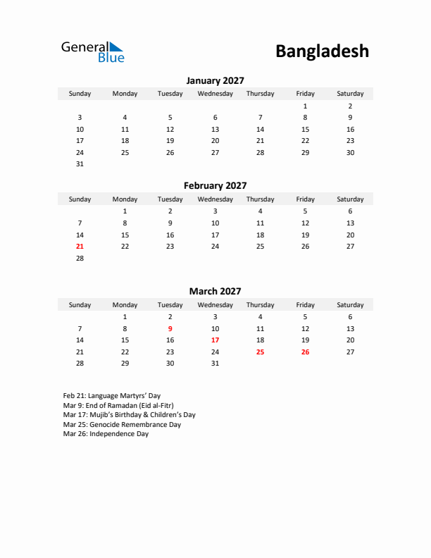 Printable Quarterly Calendar with Notes and Bangladesh Holidays- Q1 of 2027