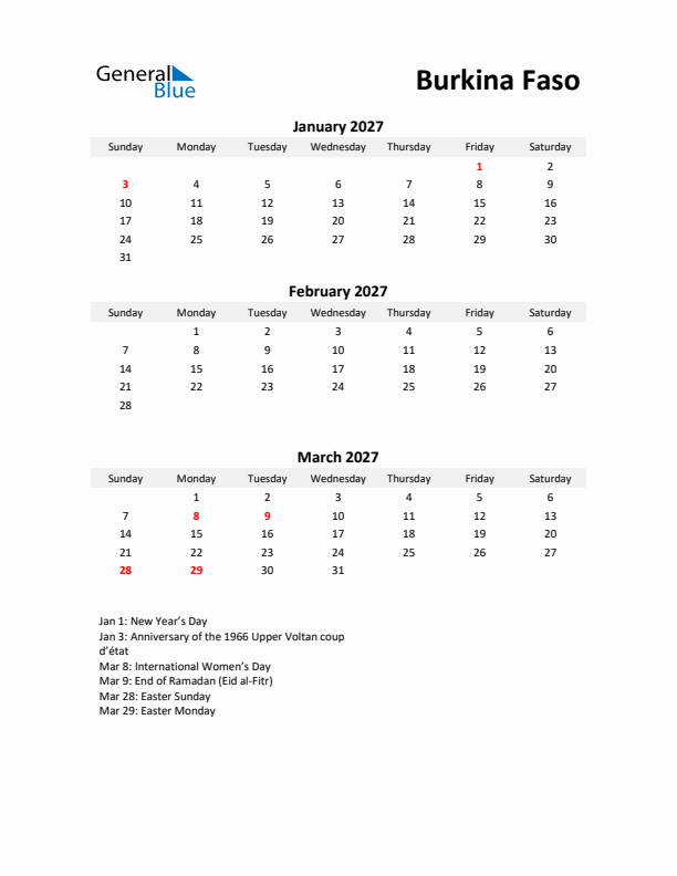 Printable Quarterly Calendar with Notes and Burkina Faso Holidays- Q1 of 2027