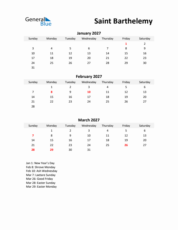 Printable Quarterly Calendar with Notes and Saint Barthelemy Holidays- Q1 of 2027