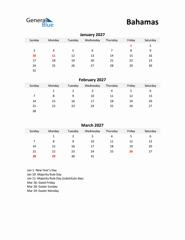 Printable Quarterly Calendar with Notes and Bahamas Holidays- Q1 of 2027