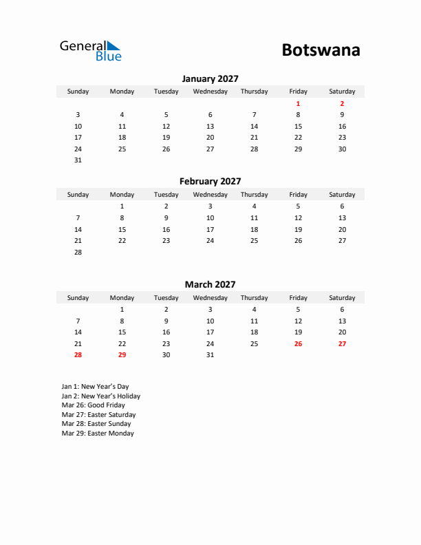 Printable Quarterly Calendar with Notes and Botswana Holidays- Q1 of 2027