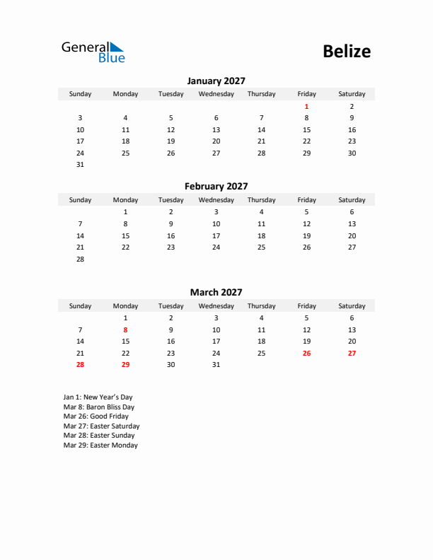 Printable Quarterly Calendar with Notes and Belize Holidays- Q1 of 2027