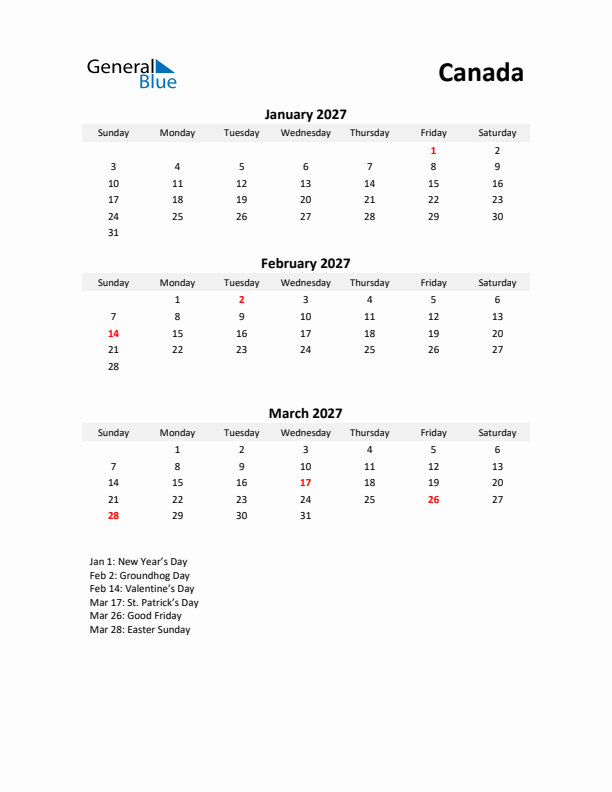 Printable Quarterly Calendar with Notes and Canada Holidays- Q1 of 2027