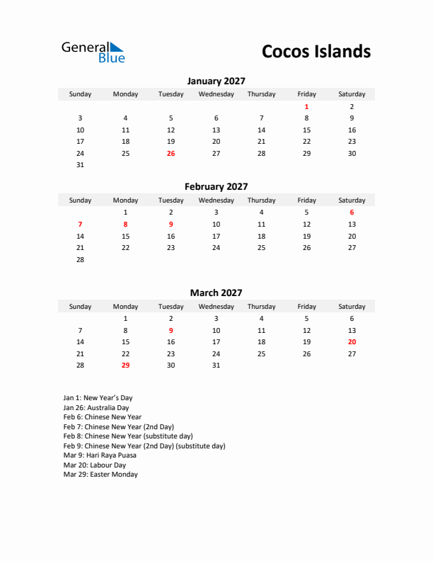 Printable Quarterly Calendar with Notes and Cocos Islands Holidays- Q1 of 2027