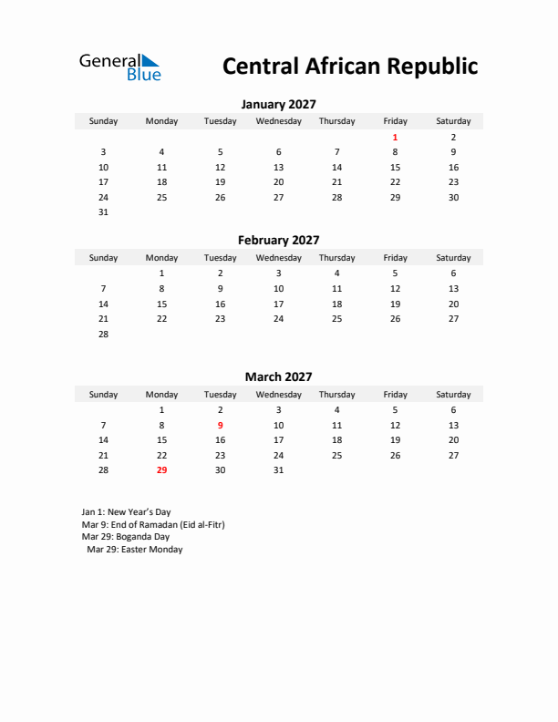 Printable Quarterly Calendar with Notes and Central African Republic Holidays- Q1 of 2027