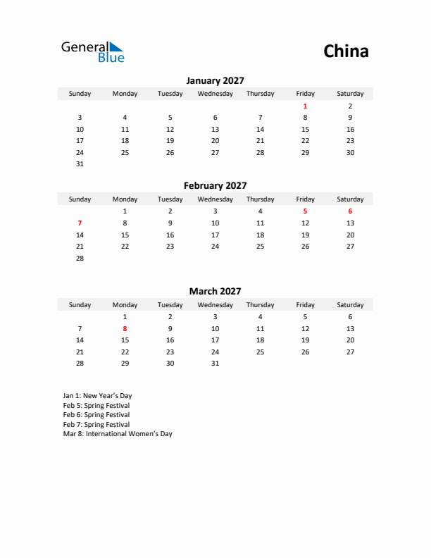 Printable Quarterly Calendar with Notes and China Holidays- Q1 of 2027