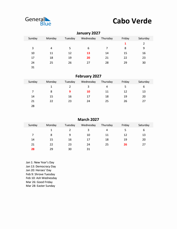 Printable Quarterly Calendar with Notes and Cabo Verde Holidays- Q1 of 2027