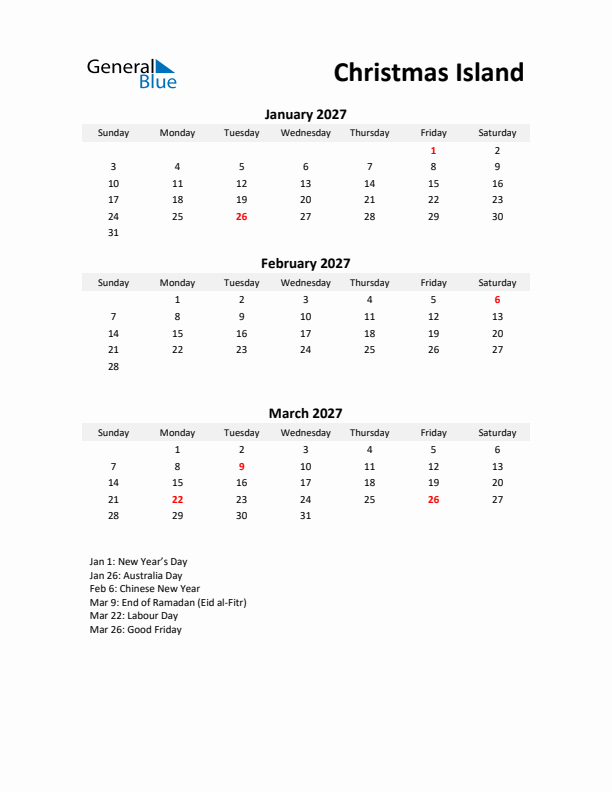 Printable Quarterly Calendar with Notes and Christmas Island Holidays- Q1 of 2027