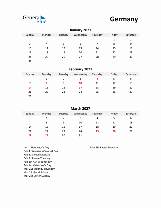 Printable Quarterly Calendar with Notes and Germany Holidays- Q1 of 2027