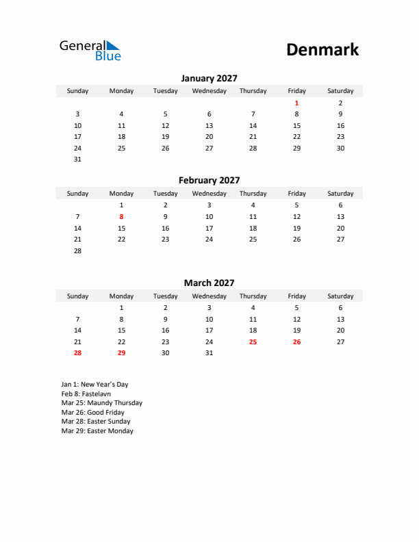 Printable Quarterly Calendar with Notes and Denmark Holidays- Q1 of 2027