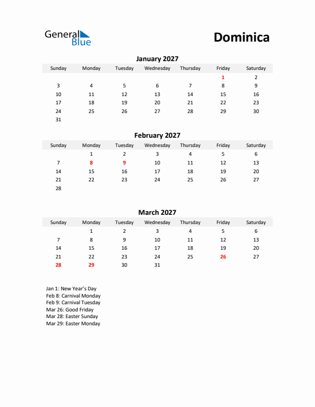 Printable Quarterly Calendar with Notes and Dominica Holidays- Q1 of 2027