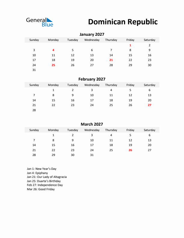 Printable Quarterly Calendar with Notes and Dominican Republic Holidays- Q1 of 2027