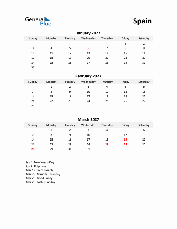 Printable Quarterly Calendar with Notes and Spain Holidays- Q1 of 2027