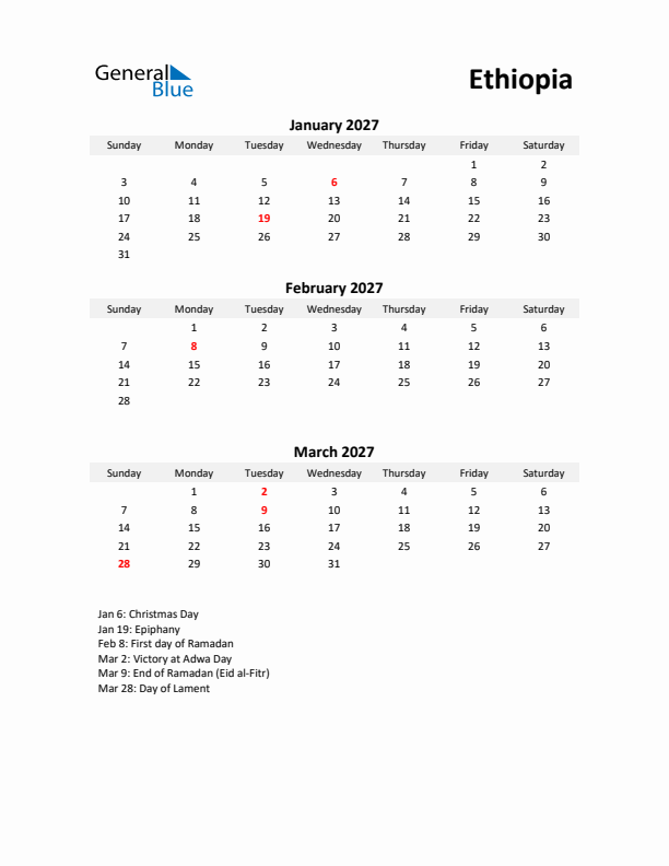 Printable Quarterly Calendar with Notes and Ethiopia Holidays- Q1 of 2027