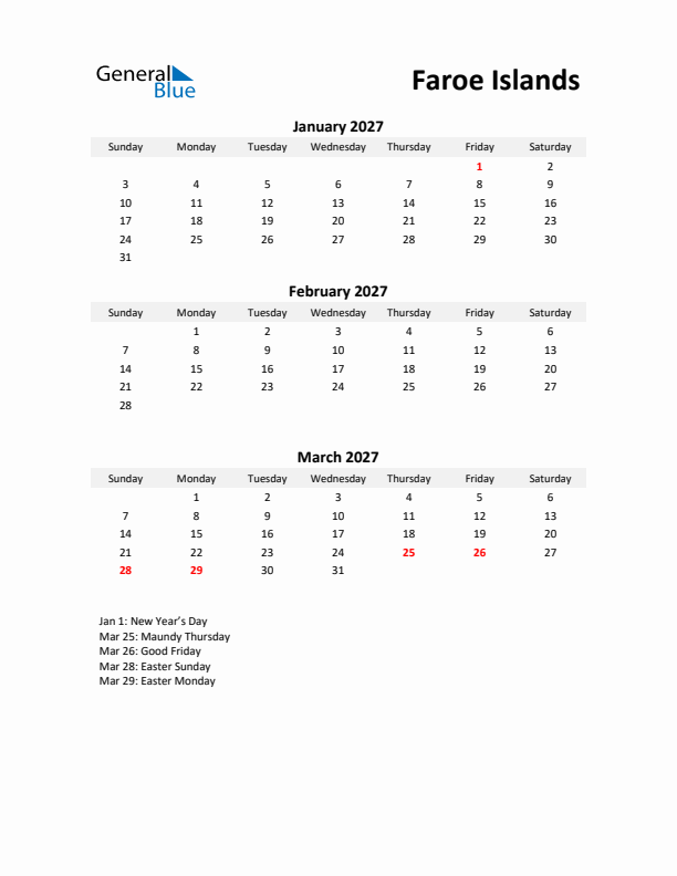 Printable Quarterly Calendar with Notes and Faroe Islands Holidays- Q1 of 2027