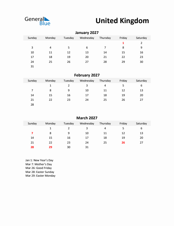 Printable Quarterly Calendar with Notes and United Kingdom Holidays- Q1 of 2027