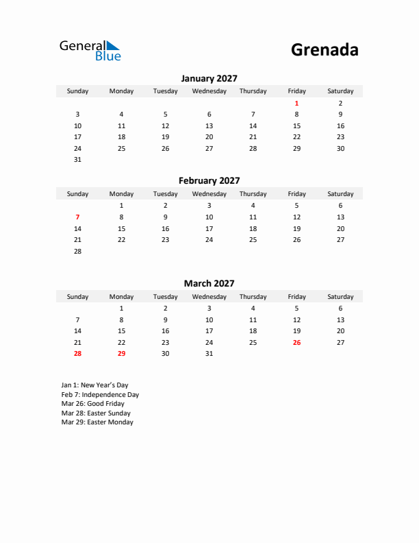 Printable Quarterly Calendar with Notes and Grenada Holidays- Q1 of 2027