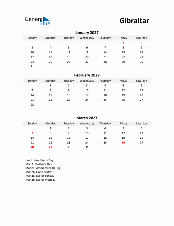 Printable Quarterly Calendar with Notes and Gibraltar Holidays- Q1 of 2027