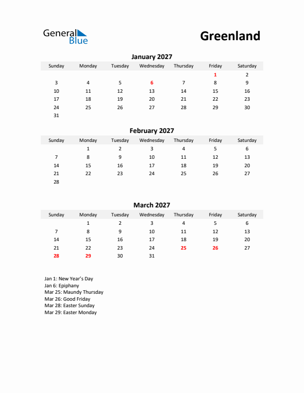 Printable Quarterly Calendar with Notes and Greenland Holidays- Q1 of 2027