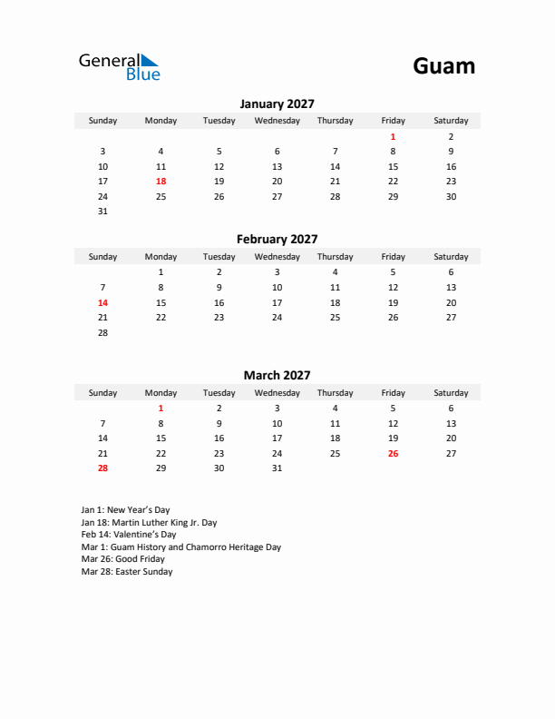 Printable Quarterly Calendar with Notes and Guam Holidays- Q1 of 2027