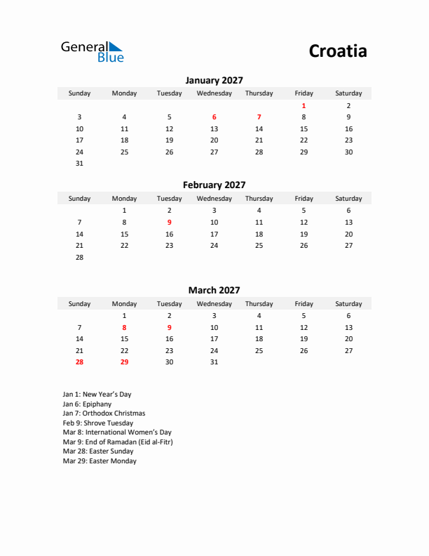 Printable Quarterly Calendar with Notes and Croatia Holidays- Q1 of 2027