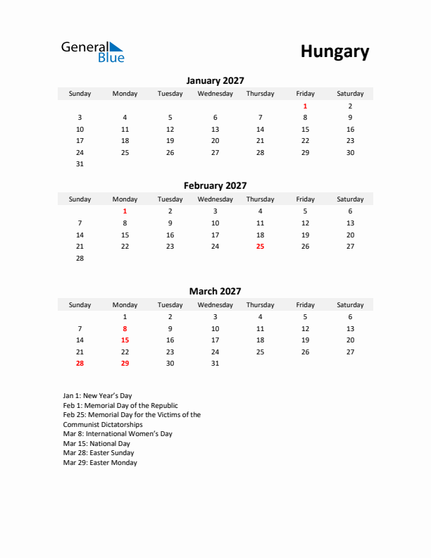 Printable Quarterly Calendar with Notes and Hungary Holidays- Q1 of 2027