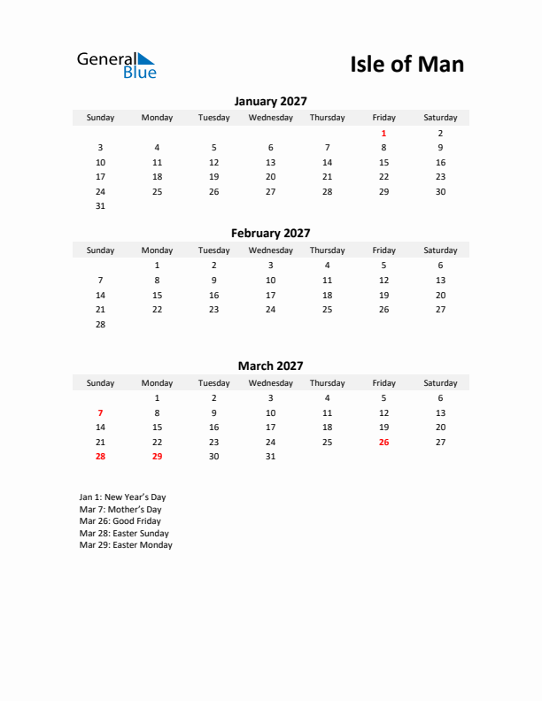 Printable Quarterly Calendar with Notes and Isle of Man Holidays- Q1 of 2027