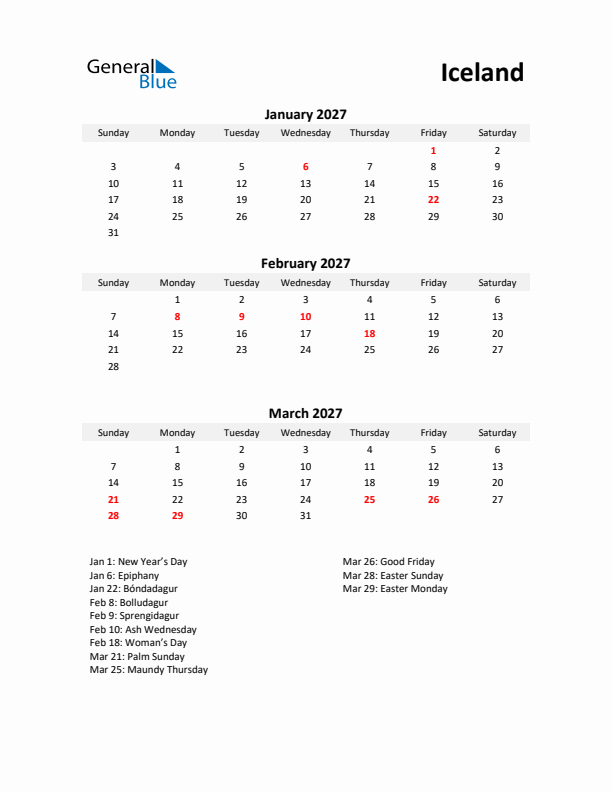 Printable Quarterly Calendar with Notes and Iceland Holidays- Q1 of 2027