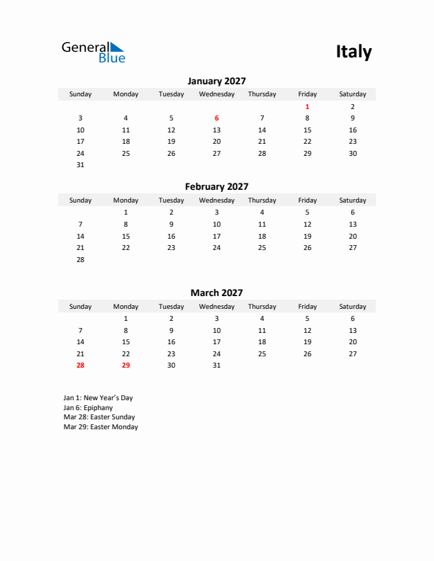 Printable Quarterly Calendar with Notes and Italy Holidays- Q1 of 2027