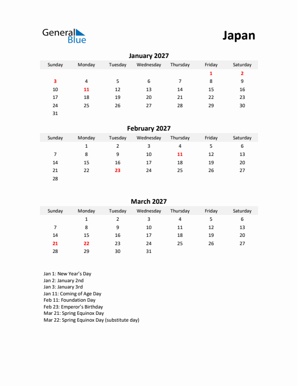 Printable Quarterly Calendar with Notes and Japan Holidays- Q1 of 2027