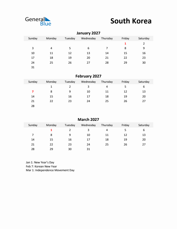 Printable Quarterly Calendar with Notes and South Korea Holidays- Q1 of 2027