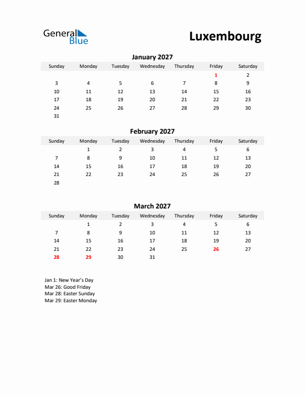 Printable Quarterly Calendar with Notes and Luxembourg Holidays- Q1 of 2027