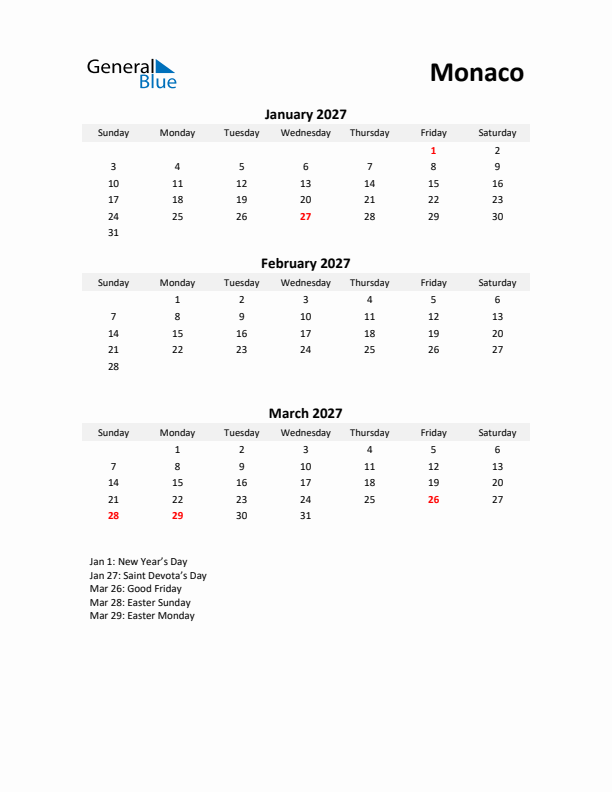 Printable Quarterly Calendar with Notes and Monaco Holidays- Q1 of 2027