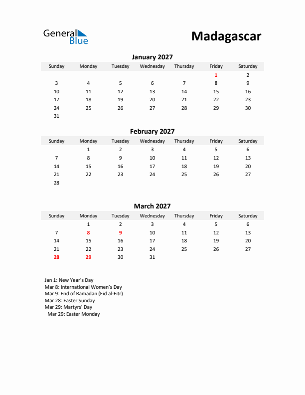 Printable Quarterly Calendar with Notes and Madagascar Holidays- Q1 of 2027
