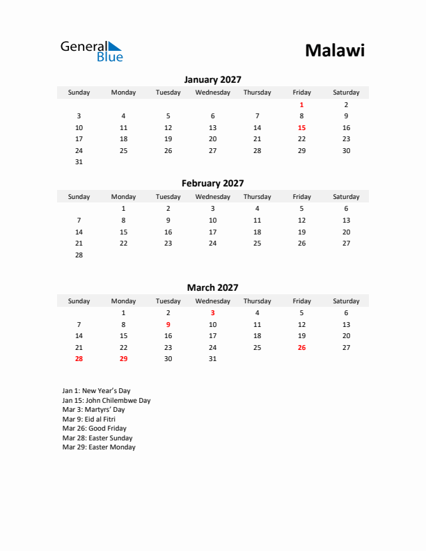 Printable Quarterly Calendar with Notes and Malawi Holidays- Q1 of 2027