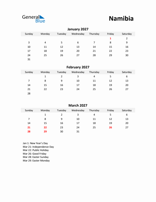 Printable Quarterly Calendar with Notes and Namibia Holidays- Q1 of 2027