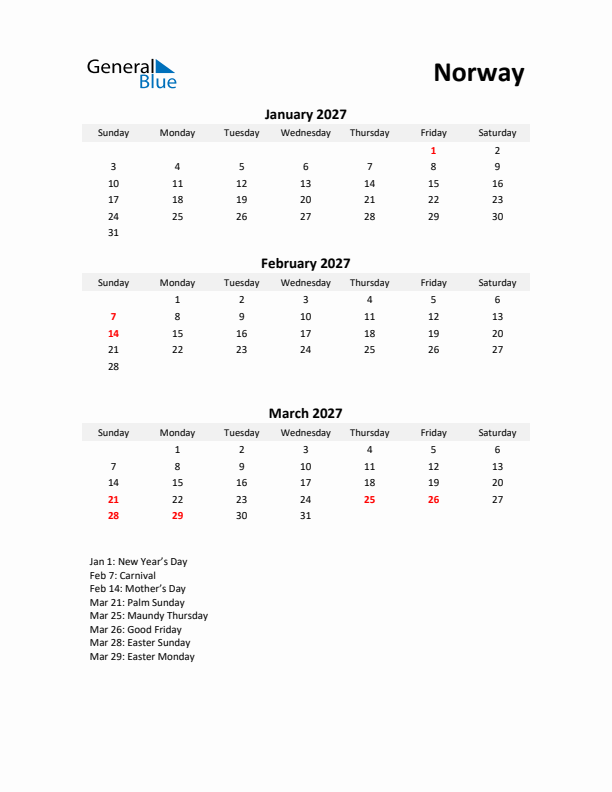 Printable Quarterly Calendar with Notes and Norway Holidays- Q1 of 2027