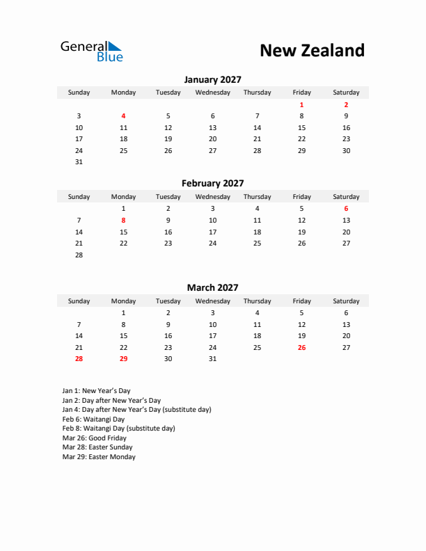 Printable Quarterly Calendar with Notes and New Zealand Holidays- Q1 of 2027