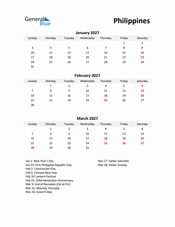 Printable Quarterly Calendar with Notes and Philippines Holidays- Q1 of 2027