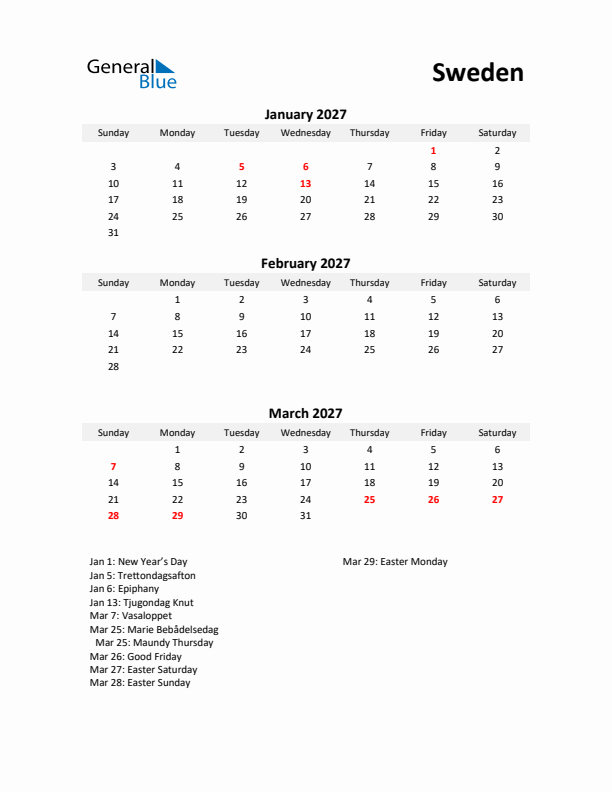 Printable Quarterly Calendar with Notes and Sweden Holidays- Q1 of 2027