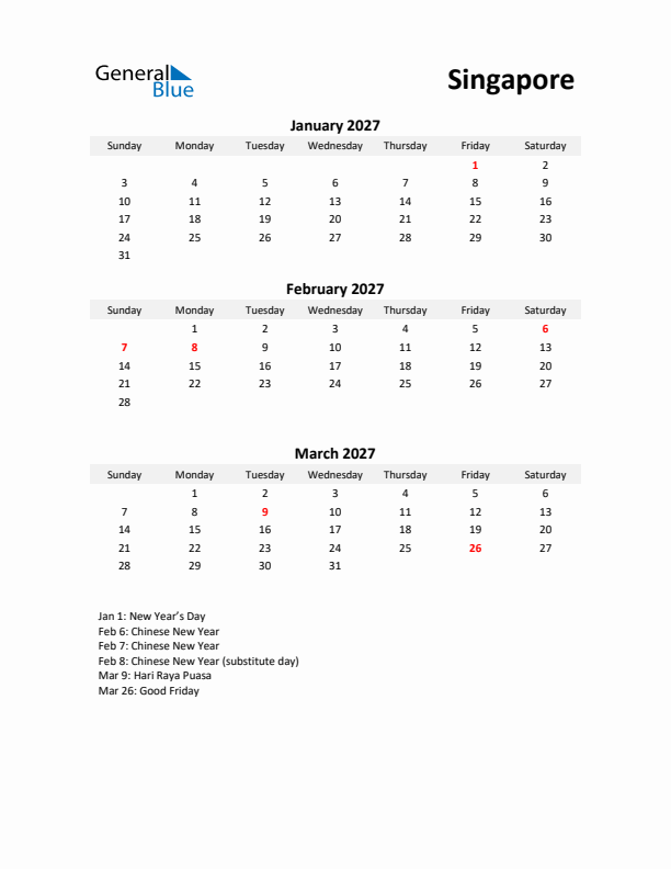 Printable Quarterly Calendar with Notes and Singapore Holidays- Q1 of 2027