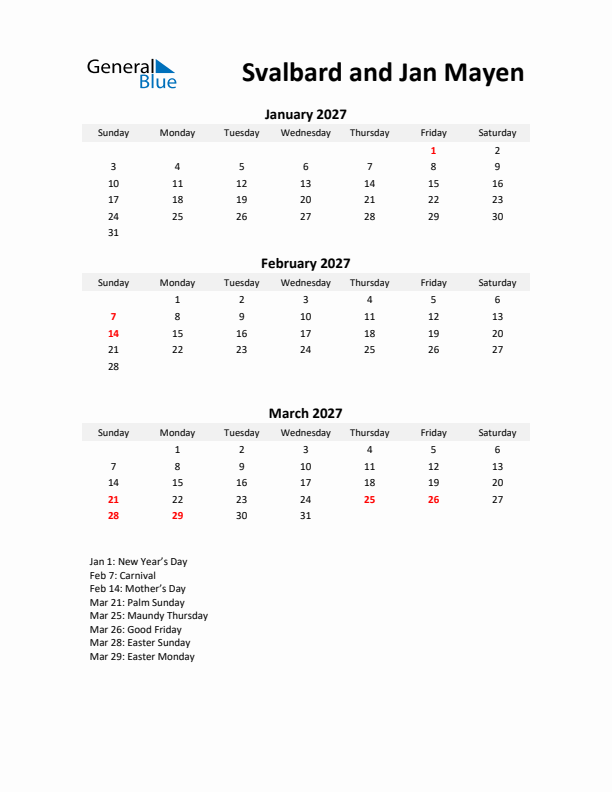 Printable Quarterly Calendar with Notes and Svalbard and Jan Mayen Holidays- Q1 of 2027