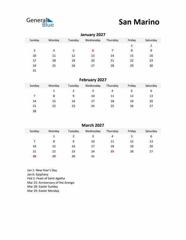 Printable Quarterly Calendar with Notes and San Marino Holidays- Q1 of 2027