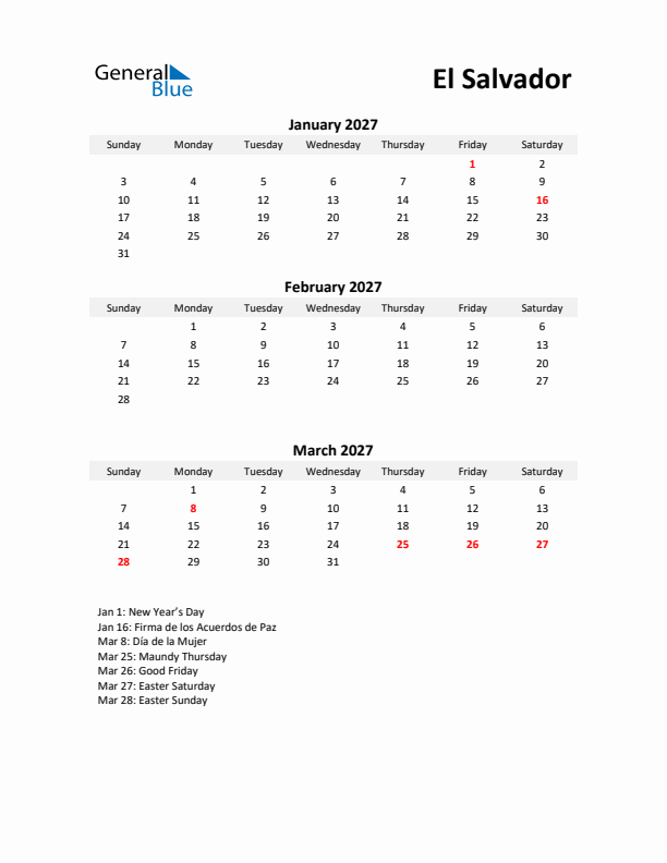 Printable Quarterly Calendar with Notes and El Salvador Holidays- Q1 of 2027